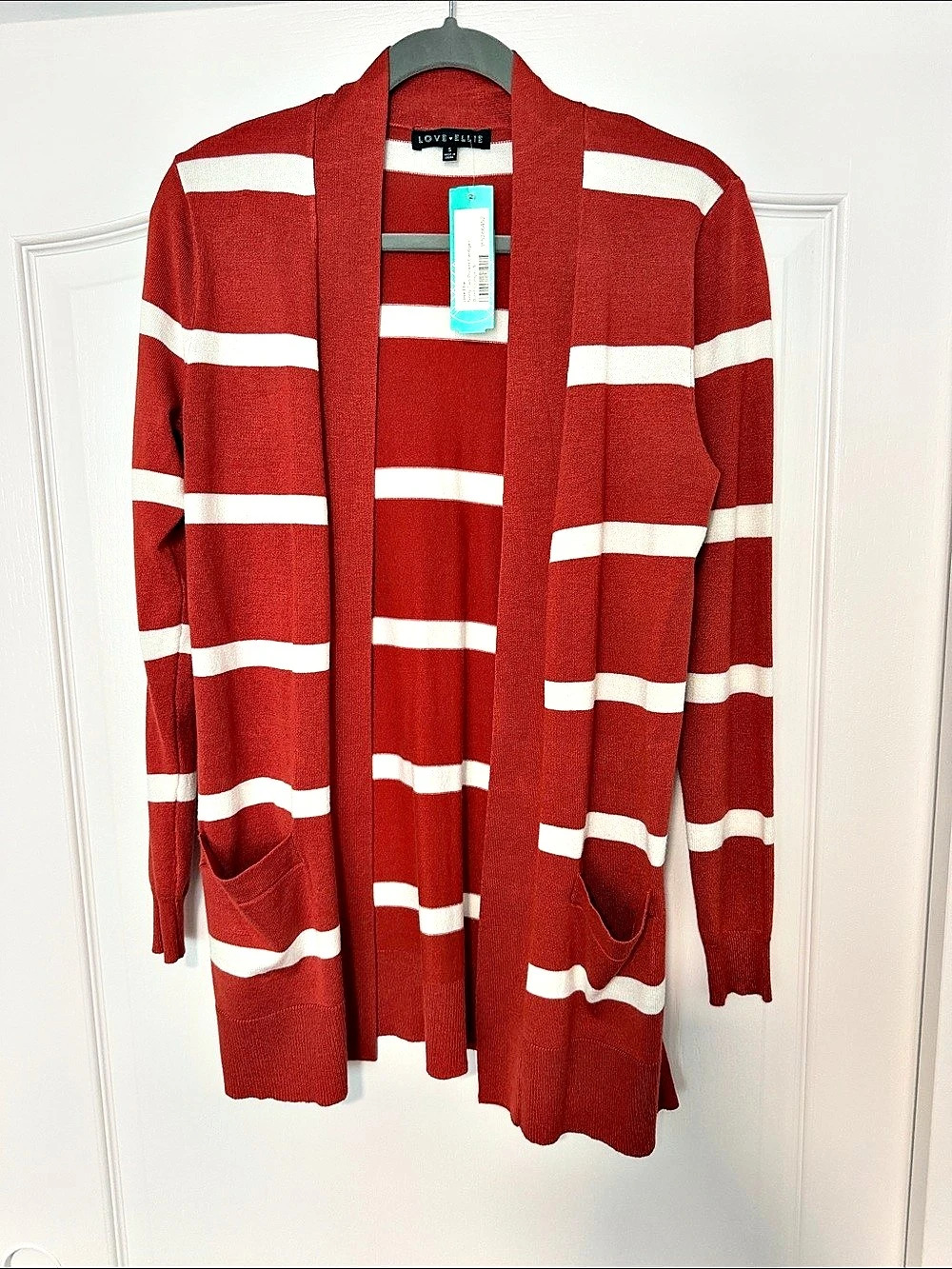 Love Ellie Neely Two Pocket Cardigan Striped Cardigan in Red & White Size Small